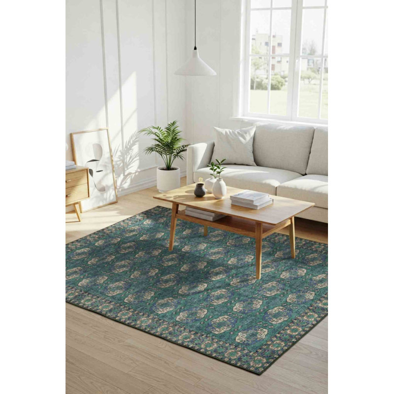 Tapis vert / bleu Lucien, Rectangle 4 pi 8 po x 6 pi 3 po