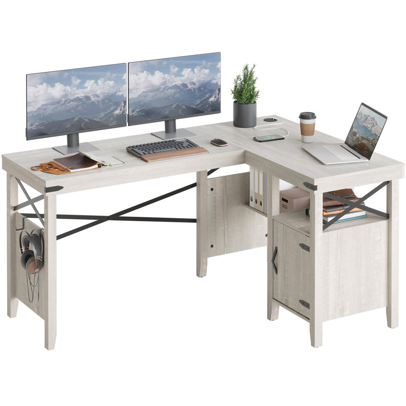 Nedyo 60" Farmhouse L Shaped Executive Desk with Storage Cabinet, Wood Home Office Desk with Headphone Hook, White Wash