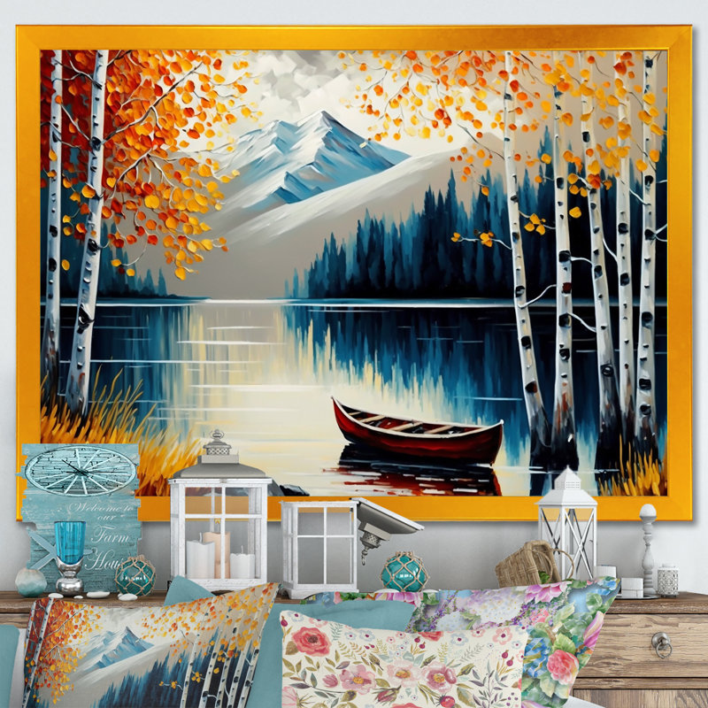 «Canoe on a Lake in Fall I», reproduction sur toile, H 24 po x l 32 po x P 1 po, Encadrement doré