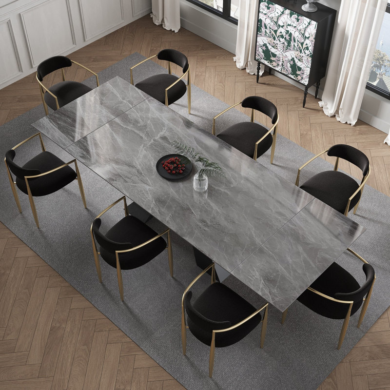 9-Piece 110.23" W Extendable Sintered Stone Dining Set, Gray, Black/Gold