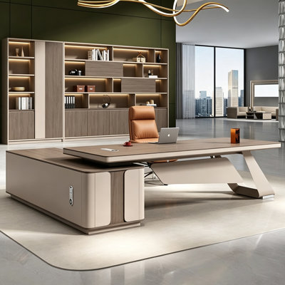 Bureau de direction moderne, minimaliste et luxueux de 220 cm (86,61 po) avec armoire latérale et structure en acier – Table de bureau en panneaux de particules