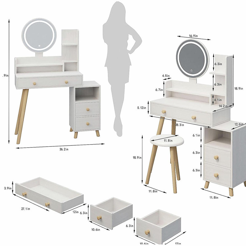 Round Mirror Bedside Cabinet Vanity Table + Cushioned Stool,With 2 AC Power + 2 USB Socket,17" Diameter LED Mirror,Touch Control,3-colour,Brightness Adjustable,Large Desktop,Multi-layer Storage