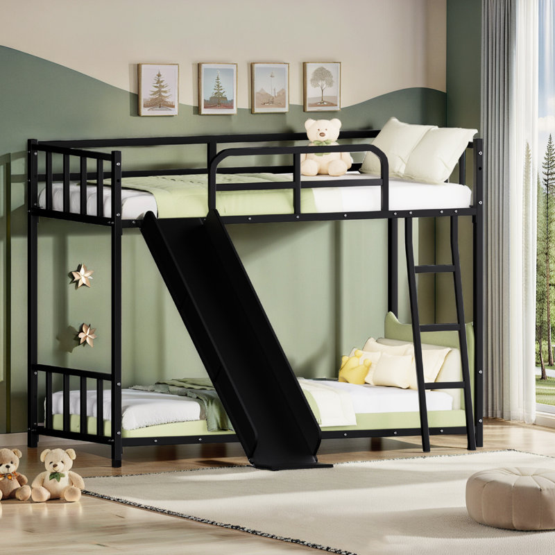 Lit superposé en métal avec glissade, teinte noire, peu encombrant pour les petites chambres à coucher, garde-corps, glissière à assemblage rapide, espaces compacts d'apparence, lit superposé, facile à compléter