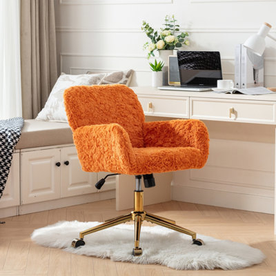 Fauteuil de bureau inclinable 40 cm orange, revêtement en laine d'alpaga artificielle, piètement en métal doré, base plus large de 320 mm, réglable, avec coussin, pour une utilisation plus polyvalente