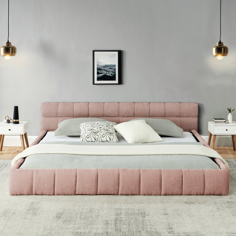 Structure de lit plateforme tapissier rose très grand, tissu épais, tête de lit, chambre à coucher moderne et moderne, Rose