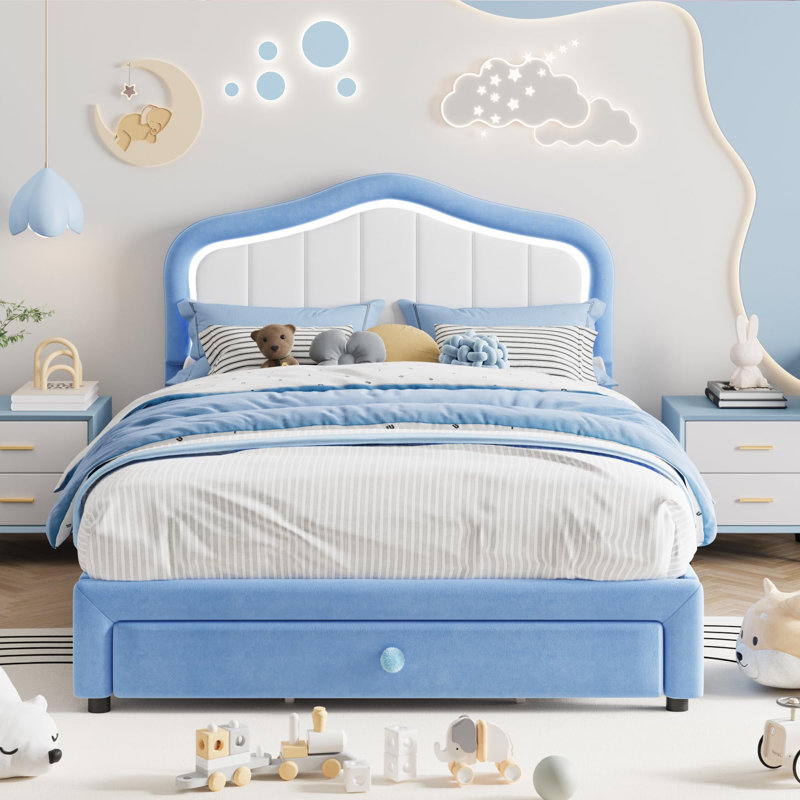 Twin Velvet Upholstered Bed Frame with LED Lights, Storage Drawer & Headboard for Kids, Blue