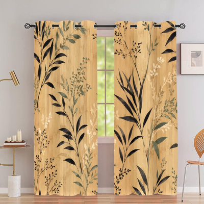 2Pcs Bamboo Wood Grain Botanical Print Grommet Blackout Curtains, Natural Plant Texture Pattern, Thermal Insulated Heat Blocking & Noise Reducing, Privacy Protection, Room Darkening Stylish Indoor Home Decor for Living Room, Bedroom