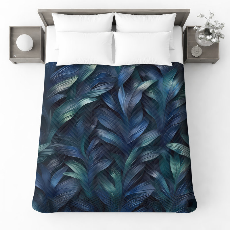 Bleu, vert, feuilles tropicales, literie, couvre-lit, feuillage, nature, Grand lit