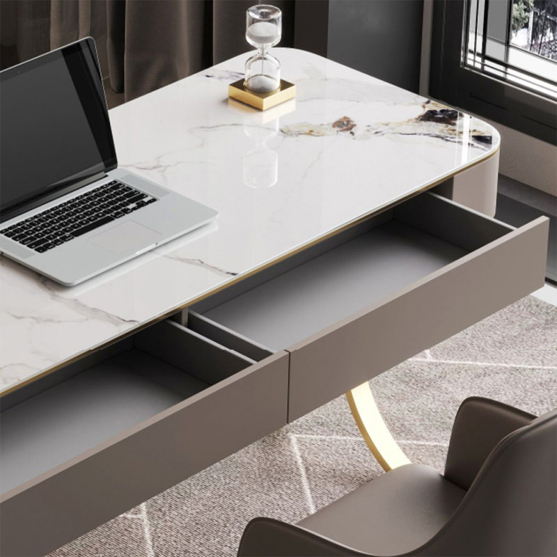 Bureau gris / gris fritté rectangulaire + bois manufacturé + acier inoxydable avec bureau à 2 tiroirs