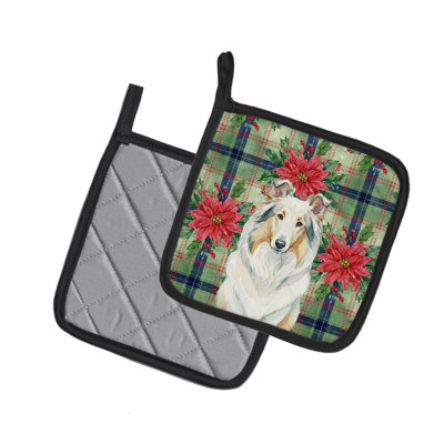 Paire de supports à casseroles White Collie Christmas Poinsettas