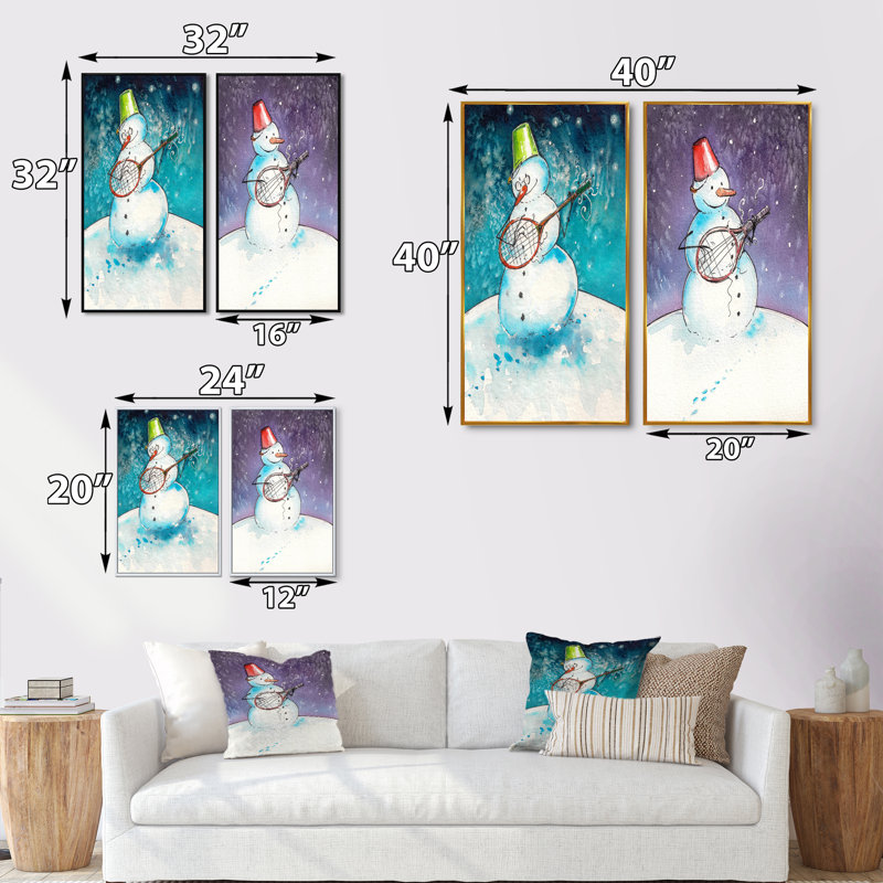Bonhomme de neige de Noël jouant de la guitare - ensemble de 2 impressions sur toile, H 32 po x l 32 po x P 1 po