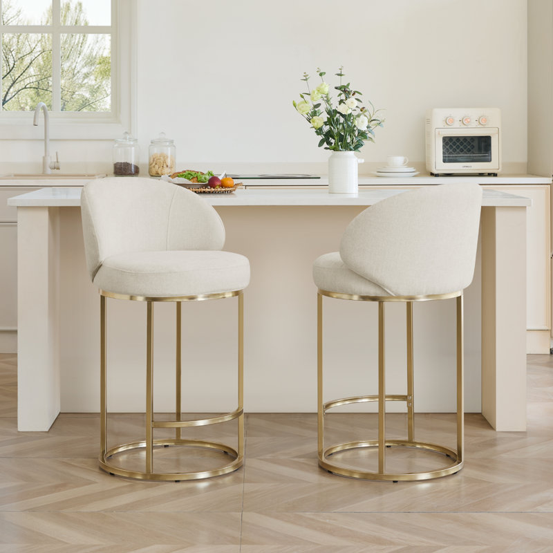 Tabouret de comptoir pivotant 27 po avec structure cylindrique en métal Angelick, Siège en lin / structure bronze clair, 2