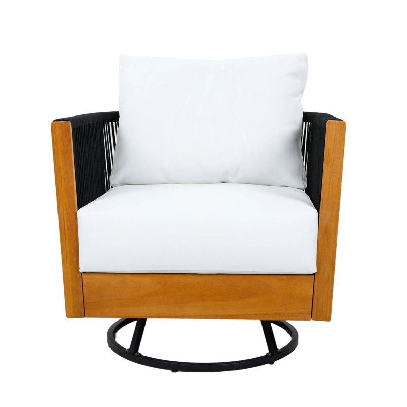 Tavik Patio Acacia Wood Swivel Lounge Chair with Handwoven Rope & Cushions, Black, 2