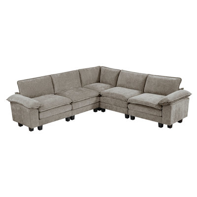 Canapé modulaire Modern 5 avec revêtement en chenille, structure en contreplaqué, rembourrage élevé, coussins d'accoudoirs réglables, dossiers réversibles, housses amovibles, pieds en faux bois noir exposé, poids de 300 lb par siège,