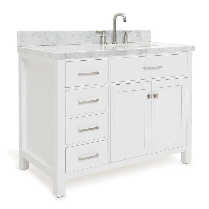 Meuble-lavabo simple 42 po avec plateau en marbre blanc de Carrare Abbate, Right, Oval, gris