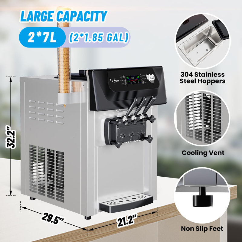 Machine à crème glacée commerciale commerciale, rendement de 5,3 à 7,4 gal / h, 3 saveurs, compresseur de 2 200 W, contrôle ACL et autonettoyant pour restaurant et café