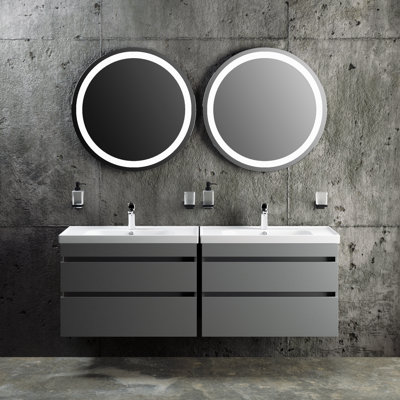 Meuble-lavabo mural moderne avec lavabo | Collection Niagara Grey Matte | Panneau de fibres à densité moyenne non toxique et ignifuge 56 po | 28 + 28 | Collection Omega 32 po