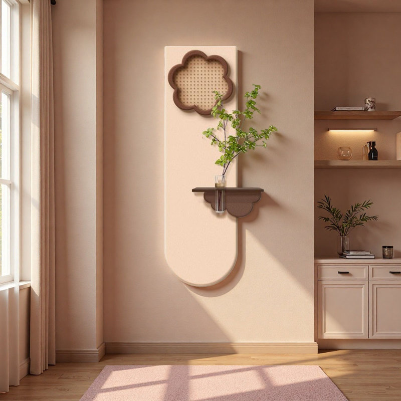 Art mural crémeux floral en grès avec tablette flottante - Décoration hydroponique de vestibule