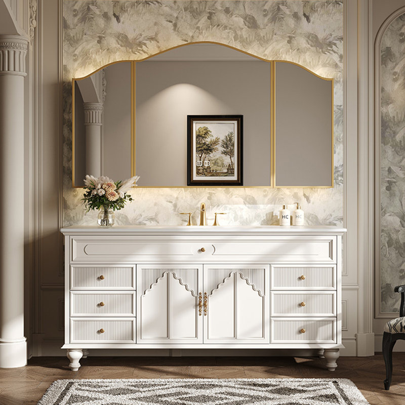 French retro style floor-standing bathroom cabinet, 33.46'' H x 59.06'' W x 21.65'' D, White