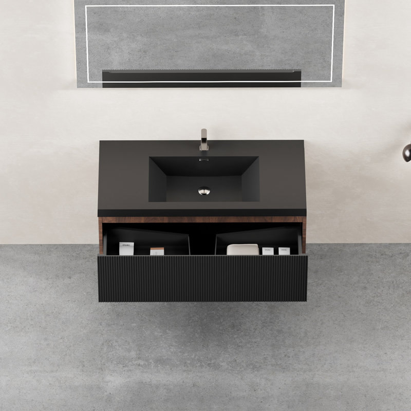 Floating Bathroom Vanity With Sink, Wall-Mounted Bathroom Storage Cabinet With Soft-Close Drawer, Walnut/Black
