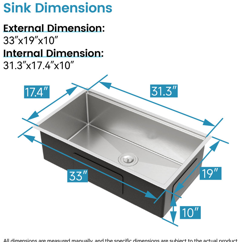33X19 Undermount Stainless Steel Kitchen Sink With Cutting Board. 304 For Sturdiness. Brushed Appearance. Spacious Single Bowl. Sound Dampening. Rounded Corners Steel, Exceptional Durability.