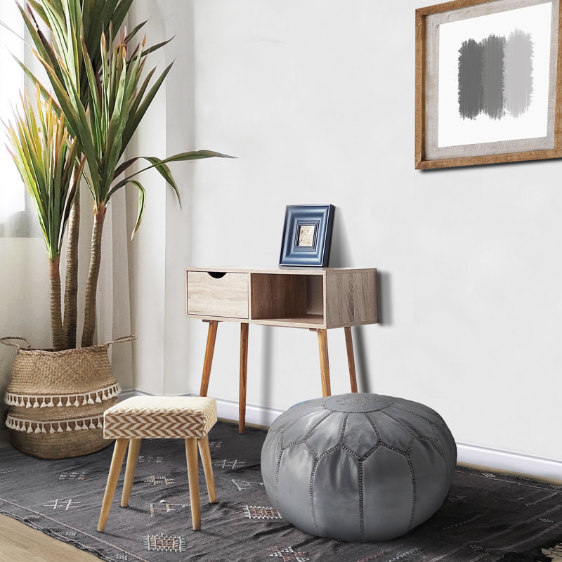 Leather Pouf, Gray Genuine Leather