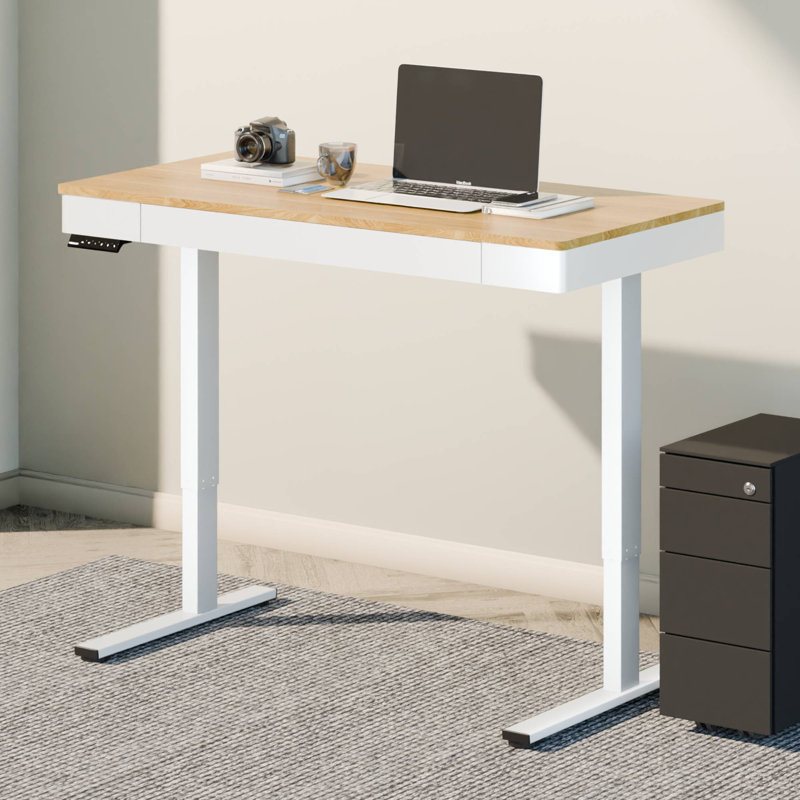 Bureau électrique debout à hauteur réglable avec moteur et tiroirs pour le bureau personnel, Ivoire/blanc