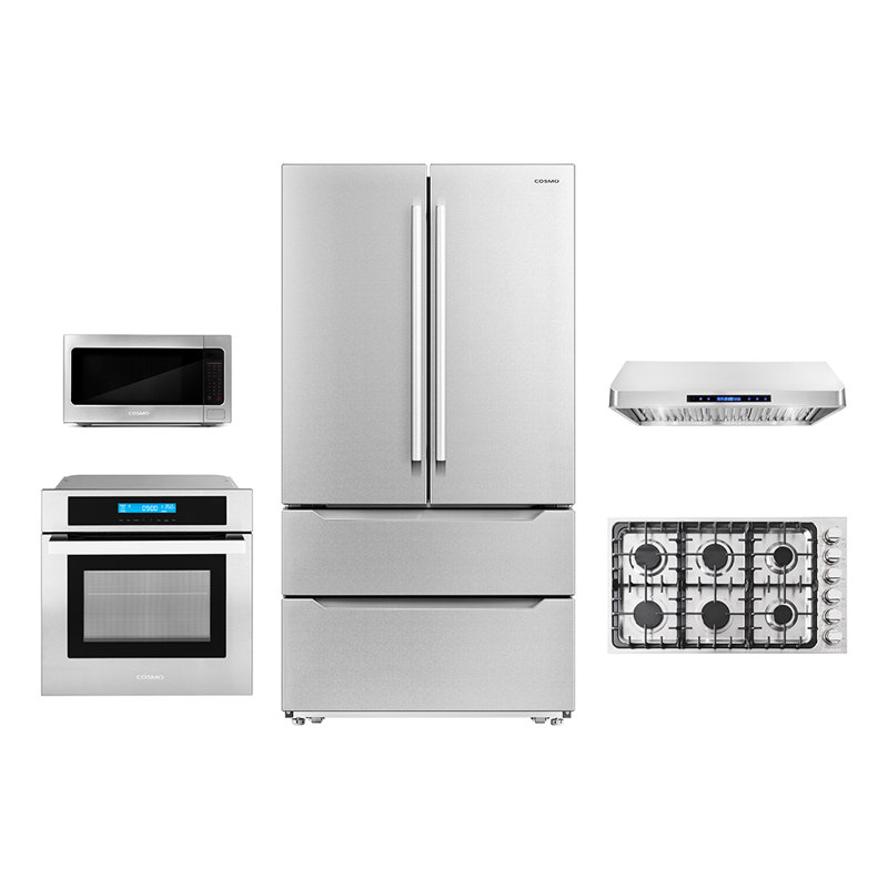 Cosmo 5 Piece Kitchen Appliance Package with French Door Refrigerator 36'' Gas Cooktop Built-In Under Cabinet Range Hood