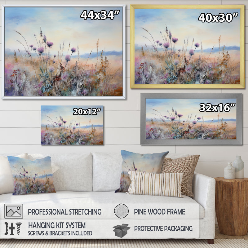 «Mauve chardon champ», impression sur toile, Cadre simple noir, H 24 po x l 32 po x P 1 po