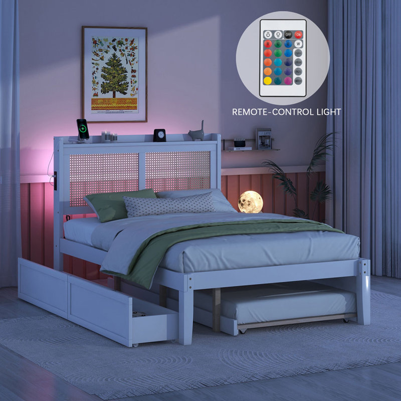 Lit standard à 2 tiroirs avec lit gigogne Davied, éclairage à DEL intégré et ports USB, Grand lit, Blanc
