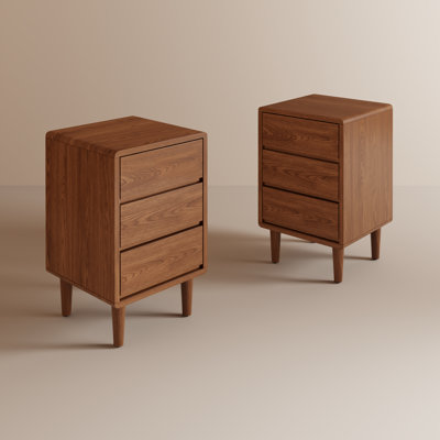 Ensemble de 2 tables de chevet Mid-Century modernes en bois massif avec 3 tiroirs