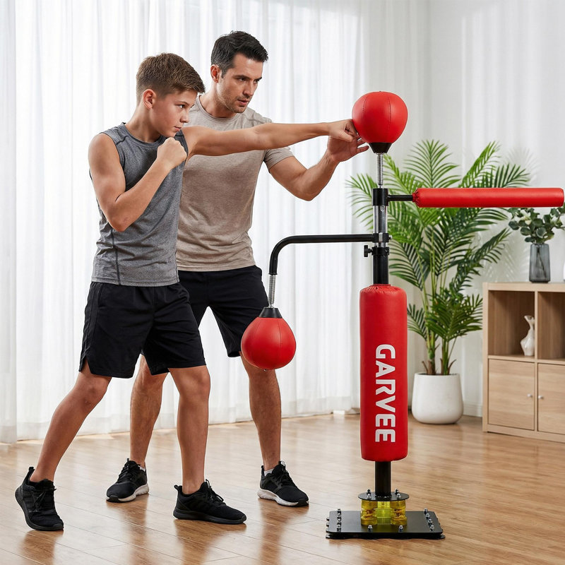 Boxing Punching Bag with Speed Ball, Suction Cup Portable Base - Adjustable Height 106*140-205cm, PU Ball 24X18CM, Free Standing 60X6cm, Durable Steel Base 340X340X4mm