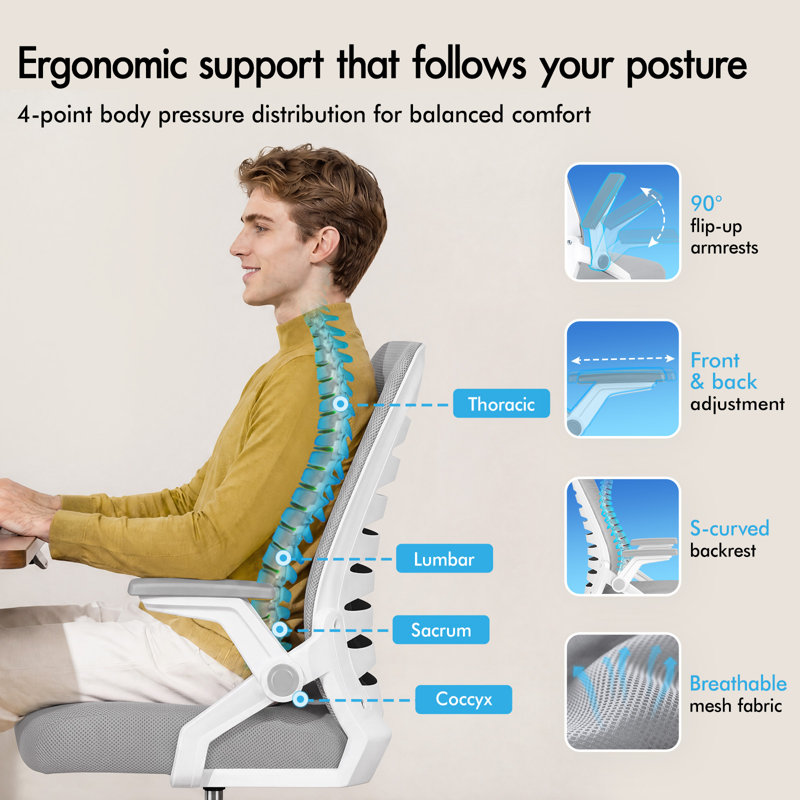  Mesh Office Chair Flip Up Armrest Padded Swivel Gas Lift Game Computer, Grey, White