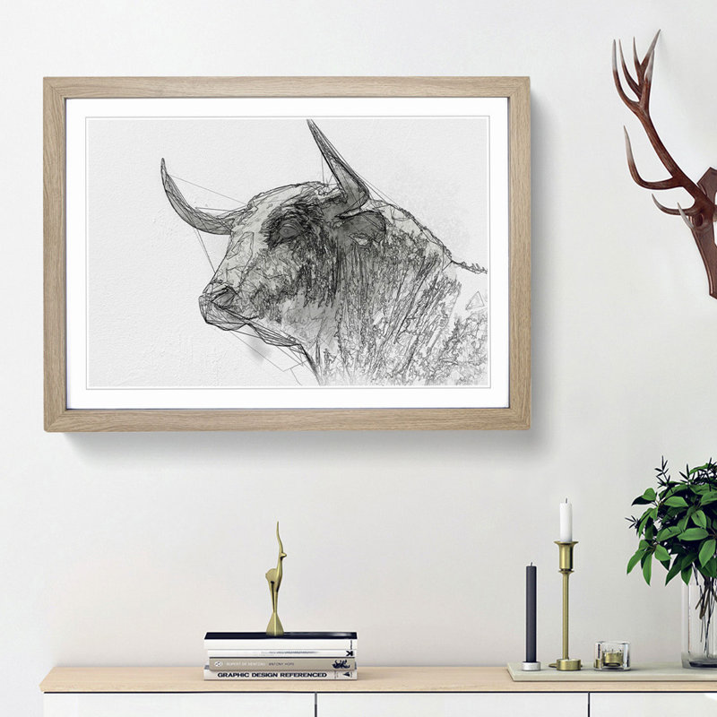 Stone Statue of a Bull in Abstract - Picture Frame Graphic Art Print, 27cm H x 36cm W x 2cm D, Oak Framed