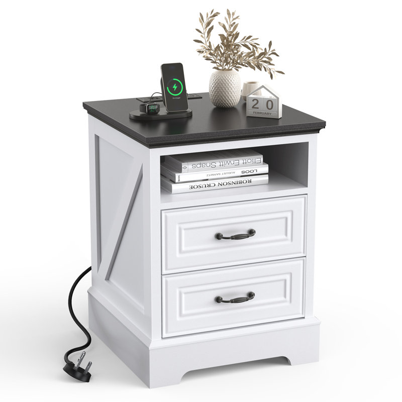 Farmhouse Nightstand, Bedside Table with Charging Station, White, Individual
