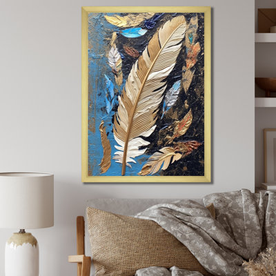 Boho Glam Exquis or sur plume bleue, reproduction d'art sur toile