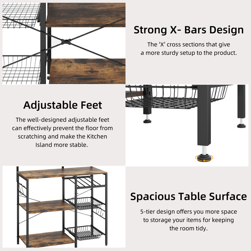 Large Bakers Rack With Power Outlets, Microwave Stand,Kitchen Shelf With Wire Basket
