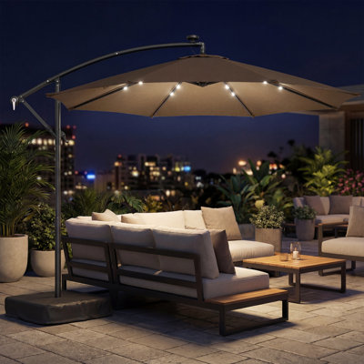 10 ft Cantilever Patio Umbrella with Solar LED Light, Sandbag Weight, Offset Hanging Outdoor Market Umbrella with Protective Cover, Crank and Tilt, Tan