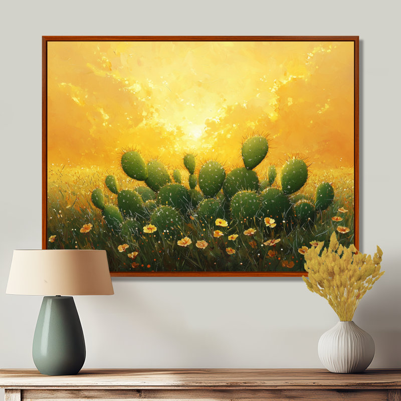 Cactus dans la lumière dorée III - cactus, art mural, H 30 po x l 40 po, Cadre flottant, Brun