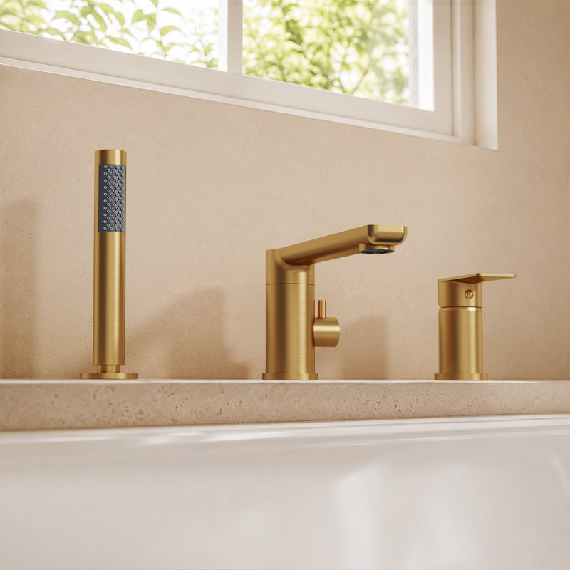 Single-Handle 3-Hole Deck Mount Roman Tub Faucet with Hand Shower and 360° Swivel Spout, Brushed Gold