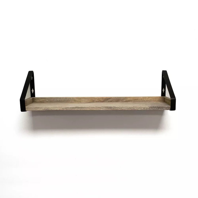 24" Solid Wood Ledge Wall Shelf with Rustic Metal Bracket Driftwood: Industrial Style, Open Shelving for Display