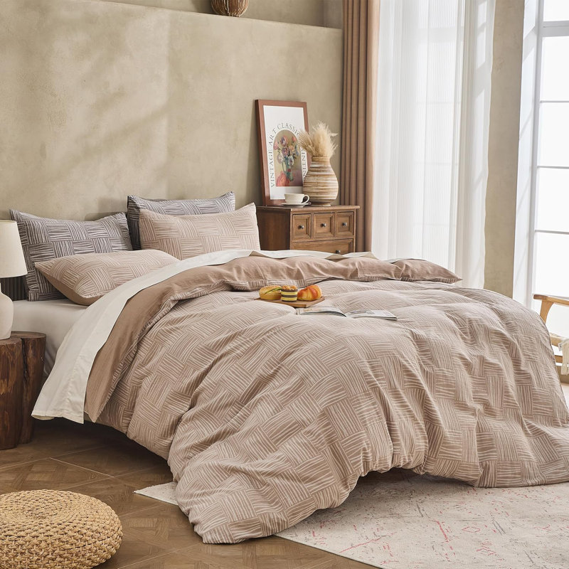 100% Cotton Yarn-Dyed Jacquard Duvet Floral Duvet Cover Set, King Duvet Cover + 2 King Pillowcases, Khaki Checkered Stripes