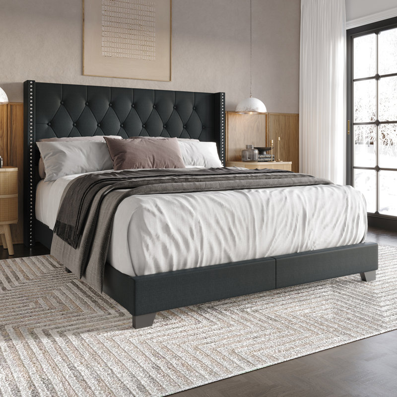 Elysian Upholstered Wingback Bed, Charcoal Gray, Queen