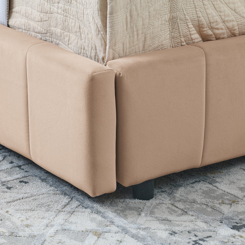 Structure de lit double capitonnée pleine grandeur avec rangement, canapé-lit confortable pour la chambre à coucher ou le salon, beige velours