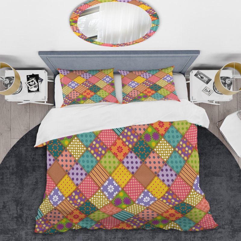 Multicolor Square Patchwork - Abstract Duvet Cover Set - Microfiber Polyester, King Duvet Cover + 2 King Shams