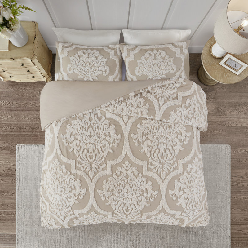 Viola Taupe Full/Queen Cotton Chenille Damask Duvet Set