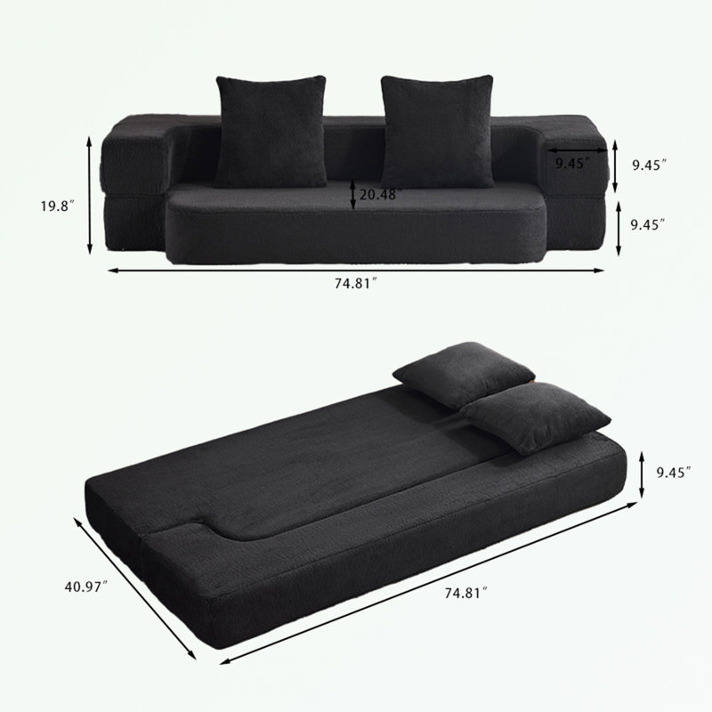 Canapé-lit avec coussin moelleux et deux coussins, Noir