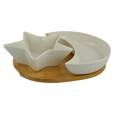 Ceramic and Bamboo Condiment Tray Moon and Stars on Bamboo Base