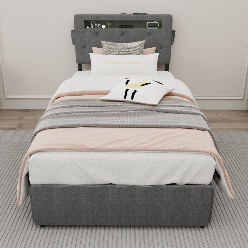 Cadre de lit avec station de charge USB et lumières DEL, cadre de lit avec tête de lit et 4 tiroirs de rangement