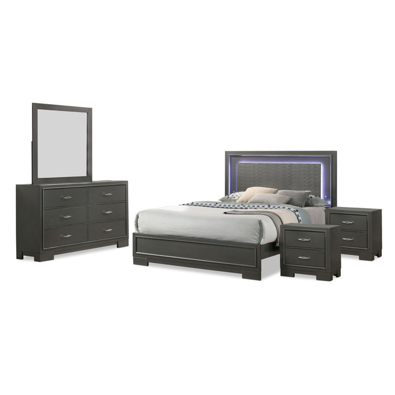Anjelyna Bedroom Set, California King, 5 Pcs: Bed, 2 Nightstands, Dresser, Mirror
